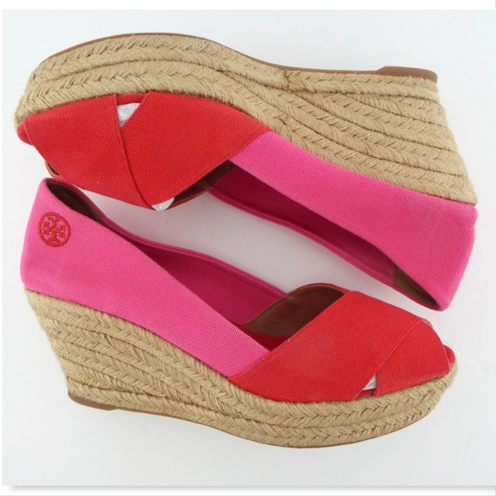 TORY BURCH Red & Pink Canvas Espadrille Wedges 11 - Picture 4 of 8